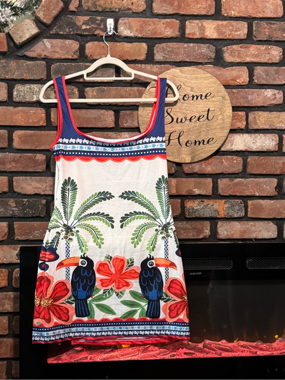Tropical Toucan Print Tank Dress - White & Blue
